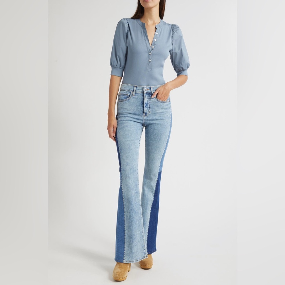 Veronica Beard Coralee Puff Sleeve Button-Front Top in Lake Mist - Picture 2 of 5